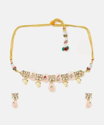 Gold plated kundan pink stones choker necklace set 3