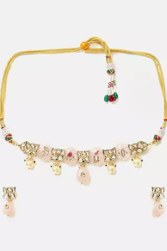 Gold plated kundan pink stones choker necklace set