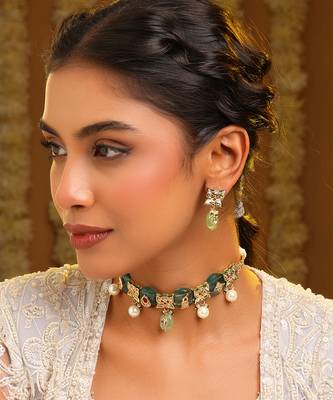Gold plated kundan green stones choker necklace set 1