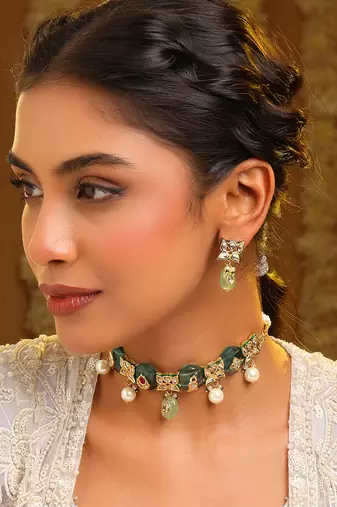Gold plated kundan green stones choker necklace set