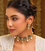 Gold plated kundan green stones choker necklace set