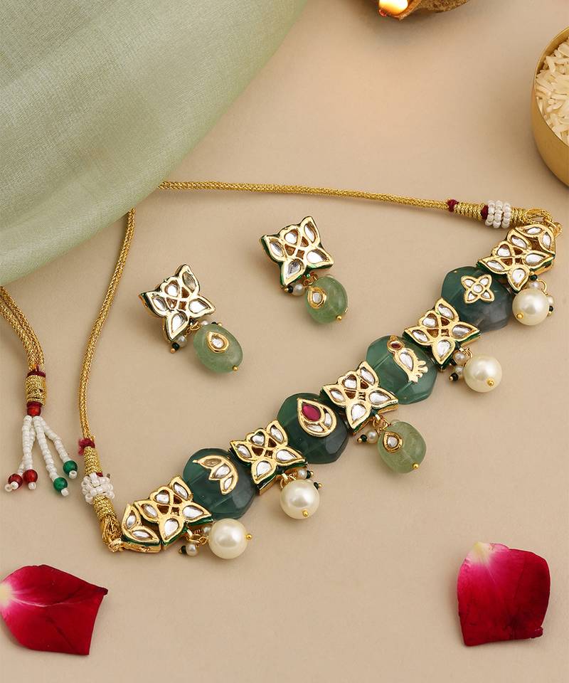 Gold plated kundan green stones choker necklace set