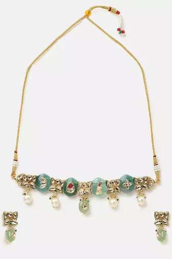 Gold plated kundan green stones choker necklace set