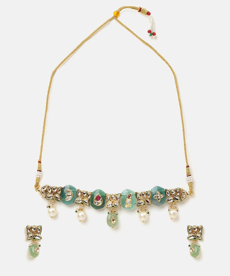 Gold plated kundan green stones choker necklace set