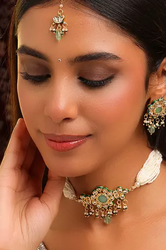 Gold plated kundan green stones choker necklace set