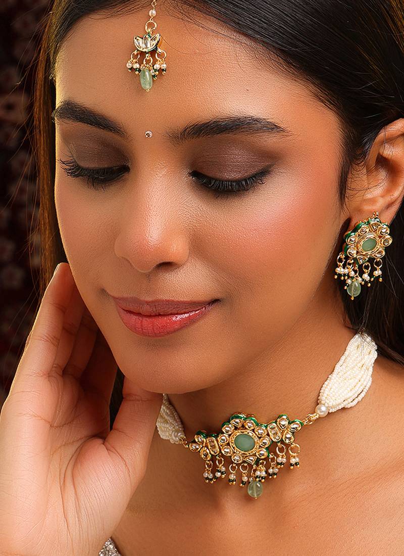 Gold plated kundan green stones choker necklace set