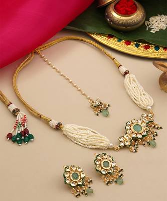 Gold plated kundan green stones choker necklace set 3