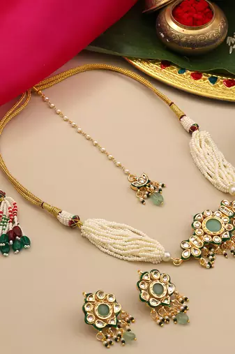 Gold plated kundan green stones choker necklace set