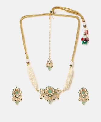 Gold plated kundan green stones choker necklace set 4