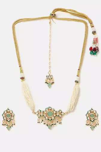Gold plated kundan green stones choker necklace set