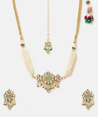 Gold plated kundan green stones choker necklace set 5