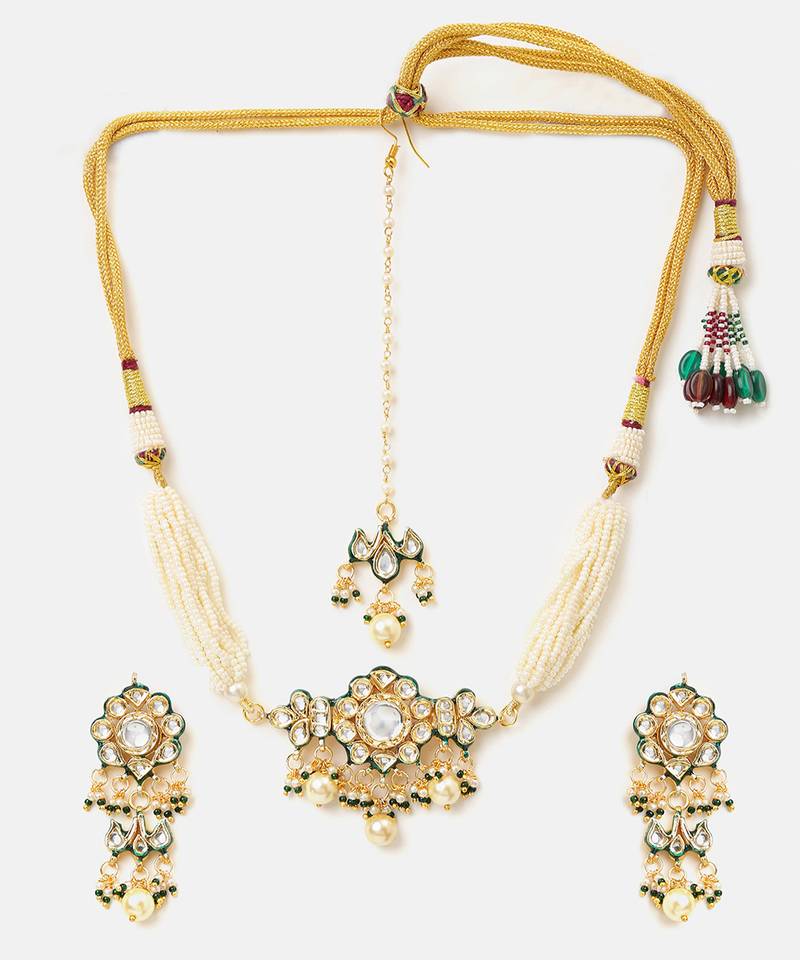 Gold plated kundan green stones choker necklace set with maang tikka