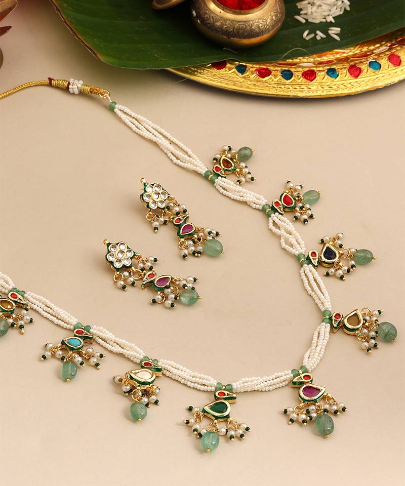 Gold plated kundan multicolor stones necklace set