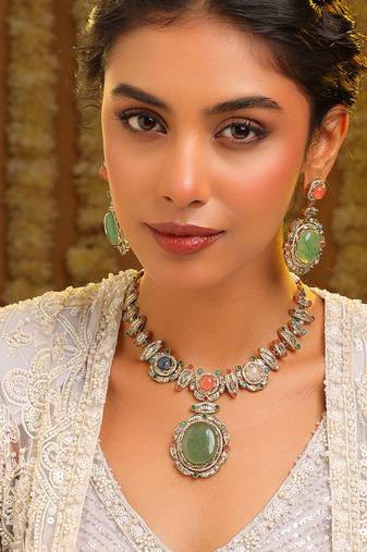 Gold plated kundan multicolor stones necklace set