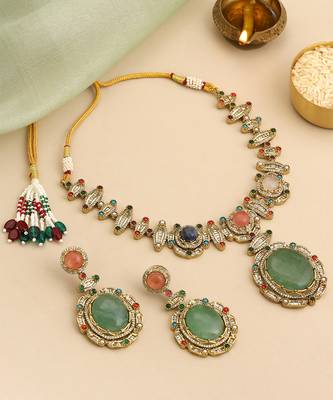 Gold plated kundan multicolor stones necklace set 2