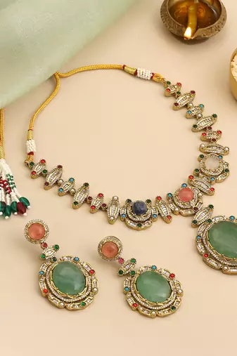 Gold plated kundan multicolor stones necklace set