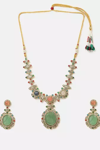 Gold plated kundan multicolor stones necklace set