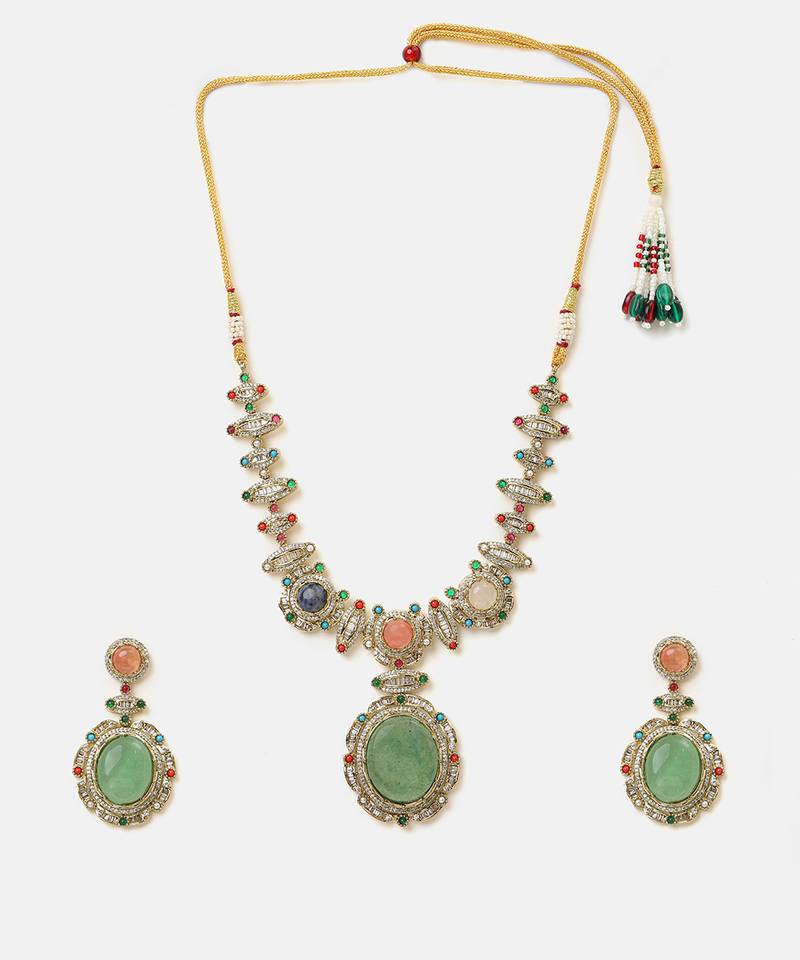 Gold plated kundan multicolor stones necklace set