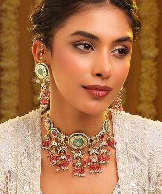 Gold plated kundan multicolor stones choker necklace set 1