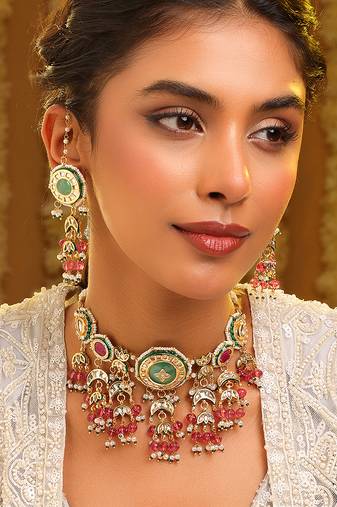 Gold plated kundan multicolor stones choker necklace set