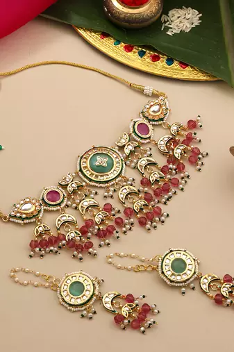 Gold plated kundan multicolor stones choker necklace set