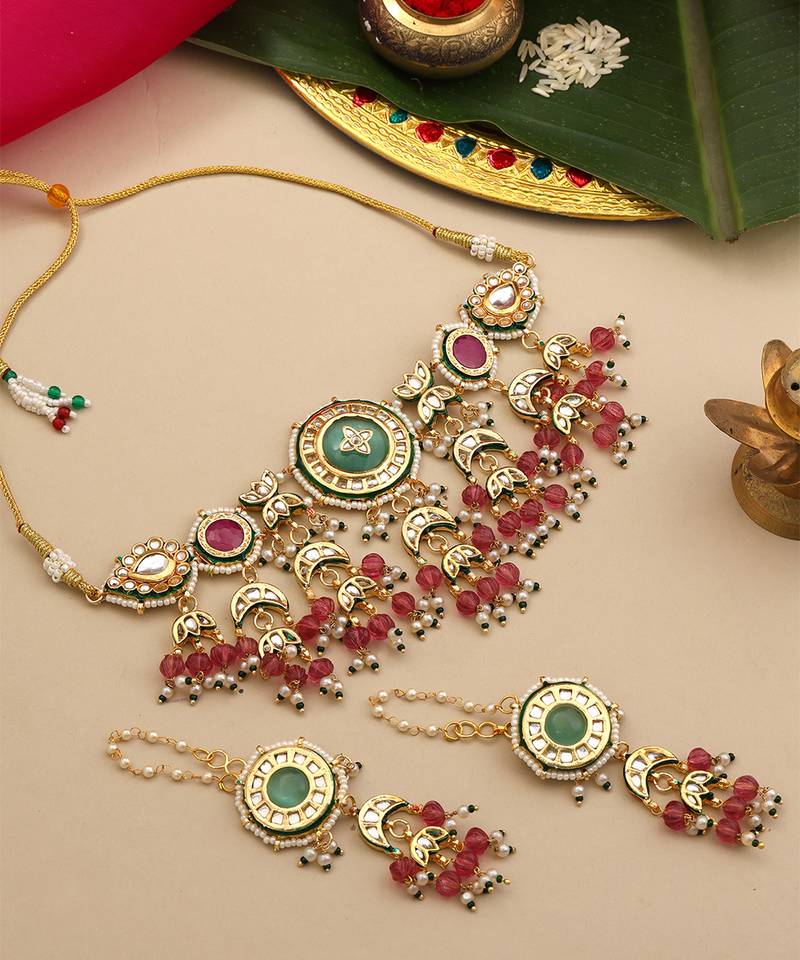 Gold plated kundan multicolor stones choker necklace set