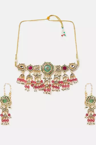 Gold plated kundan multicolor stones choker necklace set