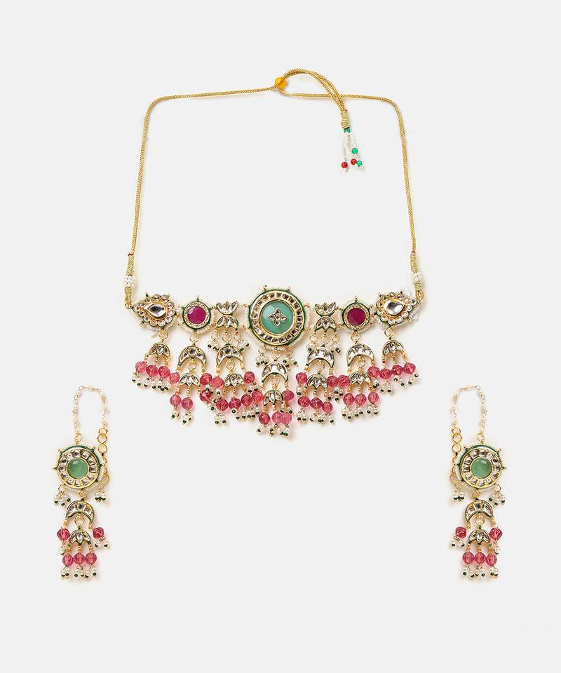 Gold plated kundan multicolor stones choker necklace set