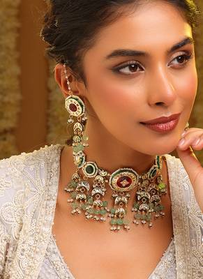 Gold plated kundan green stones choker necklace set 1