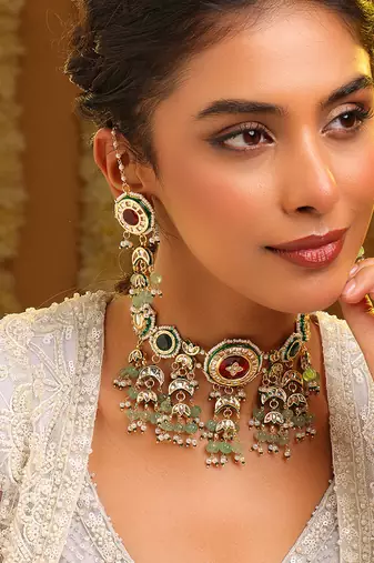 Gold plated kundan green stones choker necklace set