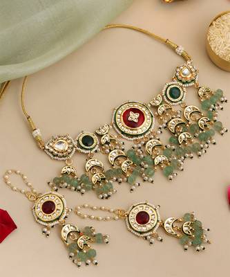 Gold plated kundan green stones choker necklace set 2