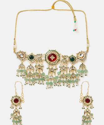 Gold plated kundan green stones choker necklace set 3