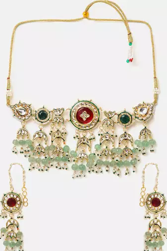 Gold plated kundan green stones choker necklace set