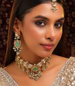 Gold plated kundan multicolor stones necklace set with maang tikaa