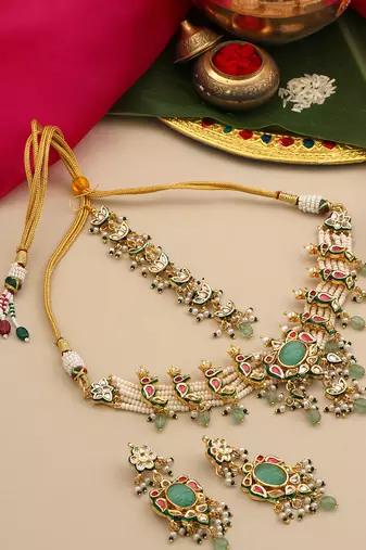 Gold plated kundan multicolor stones necklace set with maang tikaa