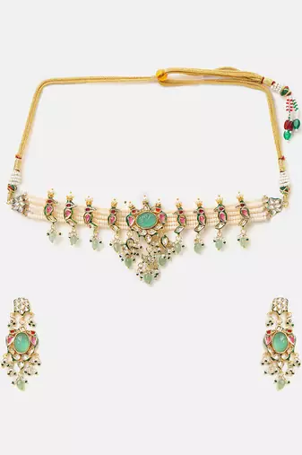 Gold plated kundan multicolor stones necklace set with maang tikaa