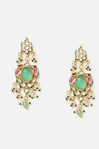 Gold plated kundan multicolor stones necklace set with maang tikaa