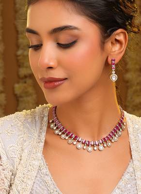 Gold plated kundan red stones necklace set 1