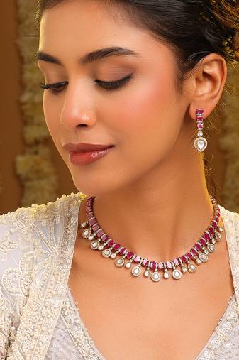 Gold plated kundan red stones necklace set