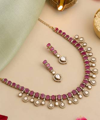 Gold plated kundan red stones necklace set 2