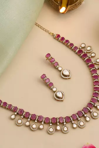 Gold plated kundan red stones necklace set