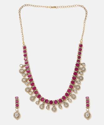 Gold plated kundan red stones necklace set 3