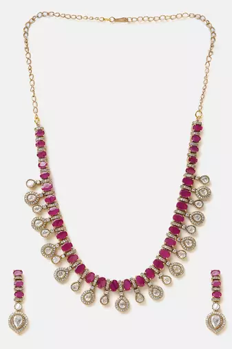 Gold plated kundan red stones necklace set