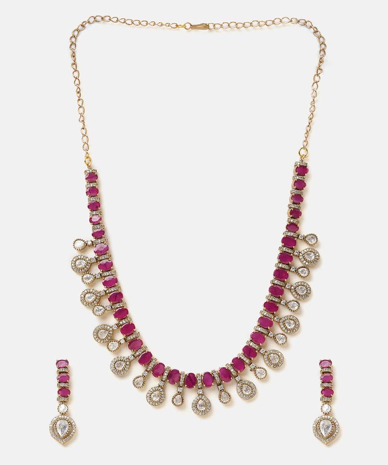 Gold plated kundan red stones necklace set