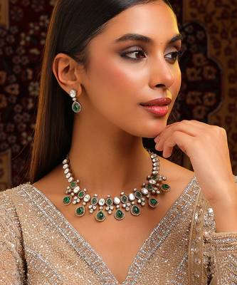 Gold plated kundan green stones necklace set 1