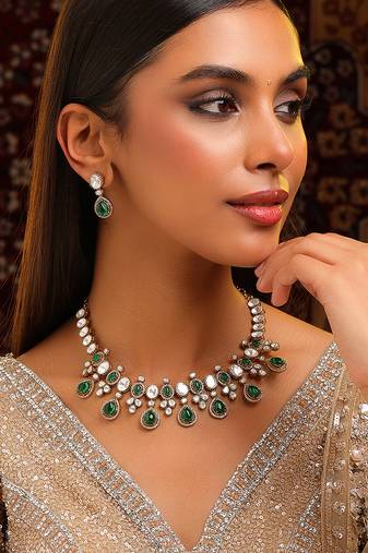 Gold plated kundan green stones necklace set