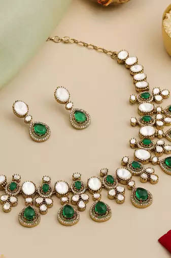 Gold plated kundan green stones necklace set