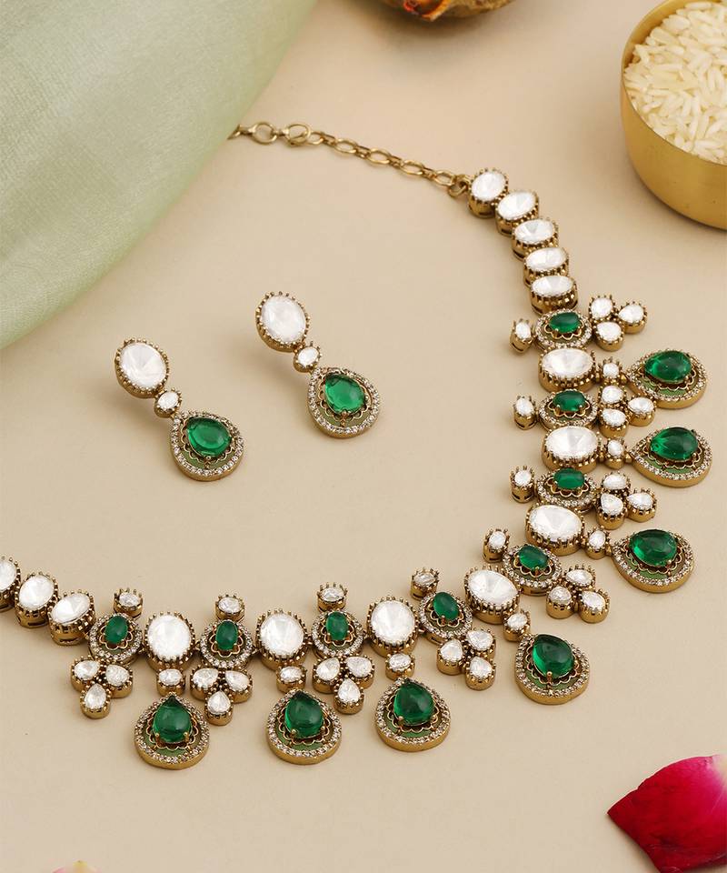 Gold plated kundan green stones necklace set