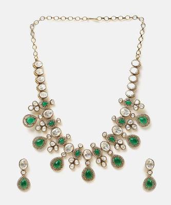 Gold plated kundan green stones necklace set 3