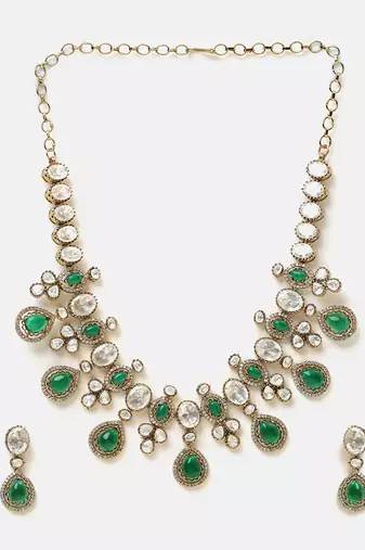 Gold plated kundan green stones necklace set